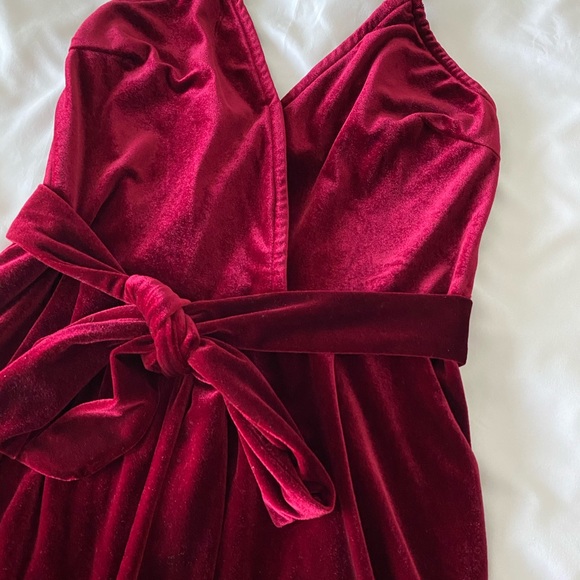 Red Belted Velvet Jumpsuit - Picture 3 of 5